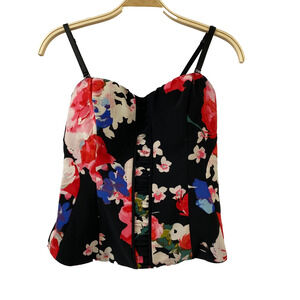 GUESS Y2K Corset Bustier Top Women Size 4 Black Pink Floral Romantic Cottagecore